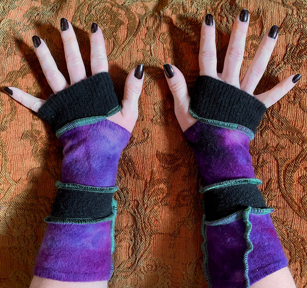 Purple and black cashmere armwarmers w green thread accents