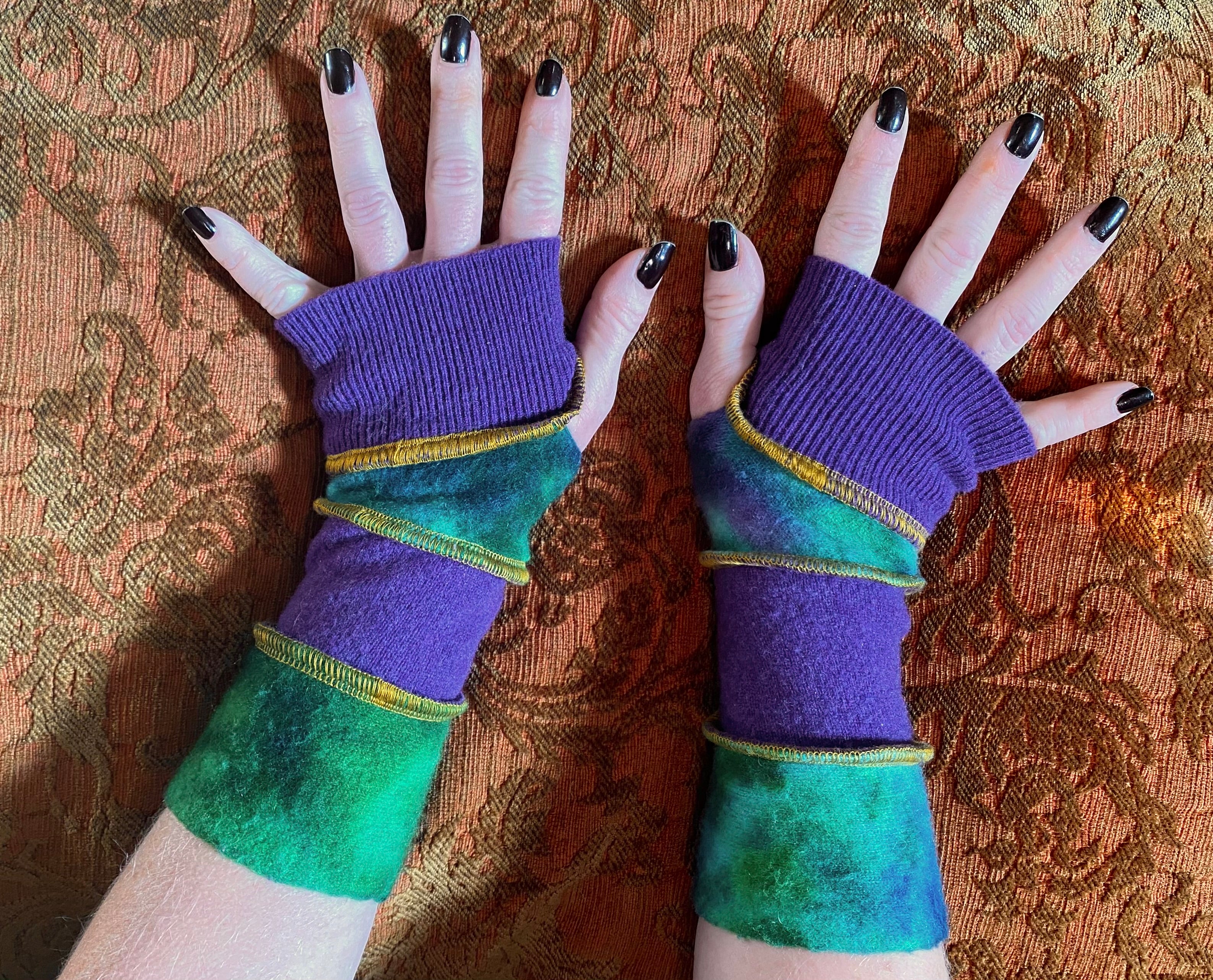 Purple with marbled blues and greens cashmere armwarmers with gold thread accents (smaller)