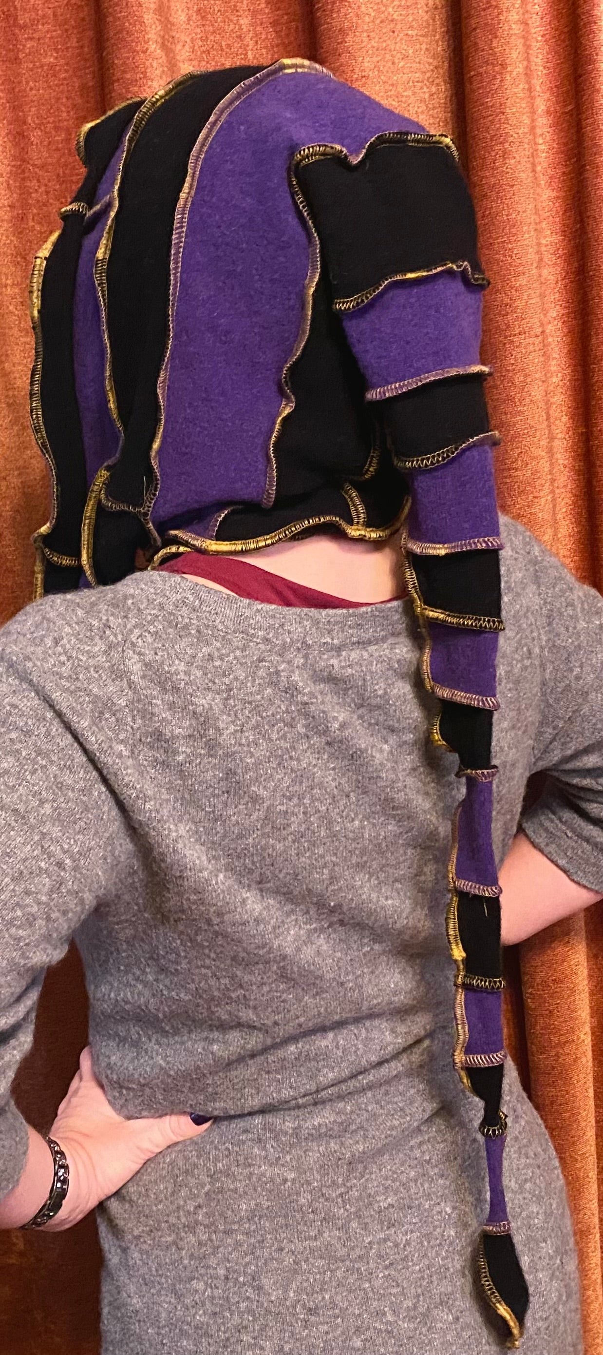 Purple and black cashmere hood with gold thread