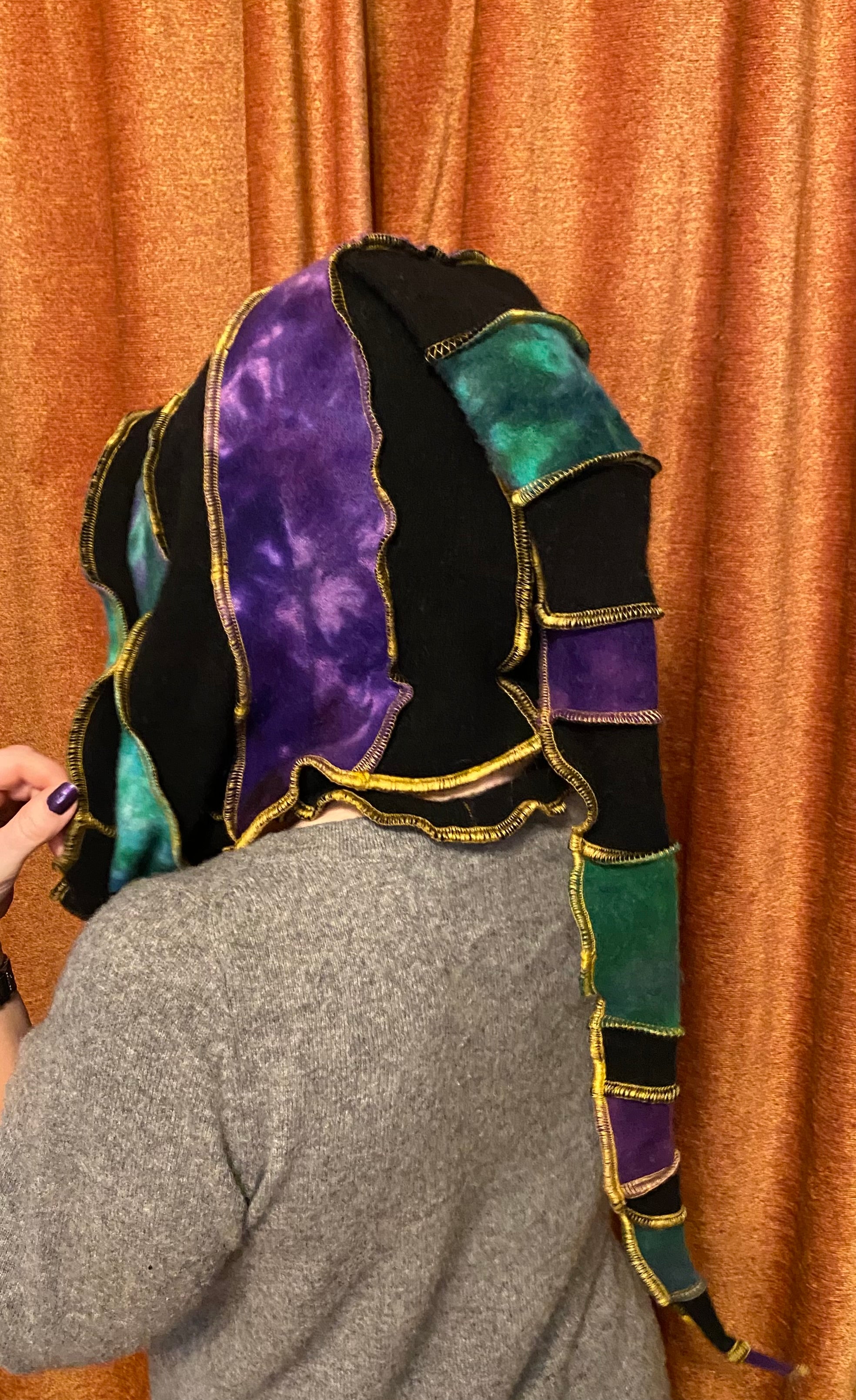 Baller tiedye cashmere hood purples and greens and black with gold thread accents