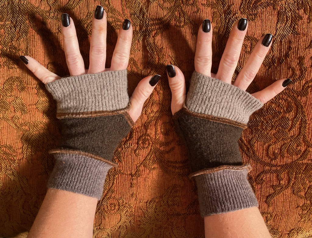 Grey-ish earth tone and brown, cashmere arm warmers