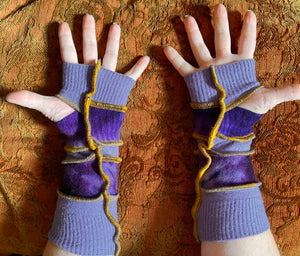 Lavender and purple tie-dye, cashmere arm warmers with gold thread accents