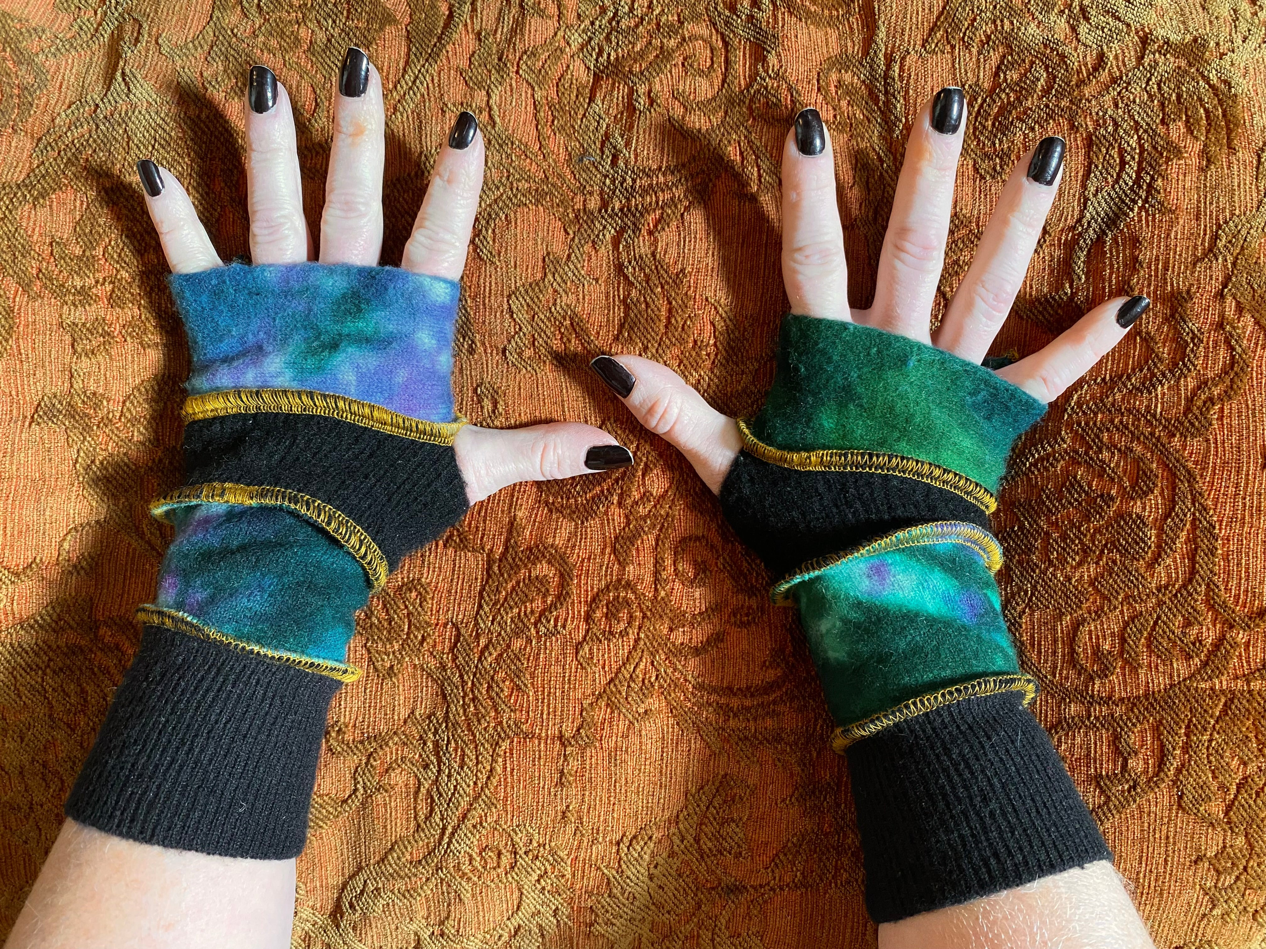 Marbled blue green and purple cashmere arm warmers with gold thread accents