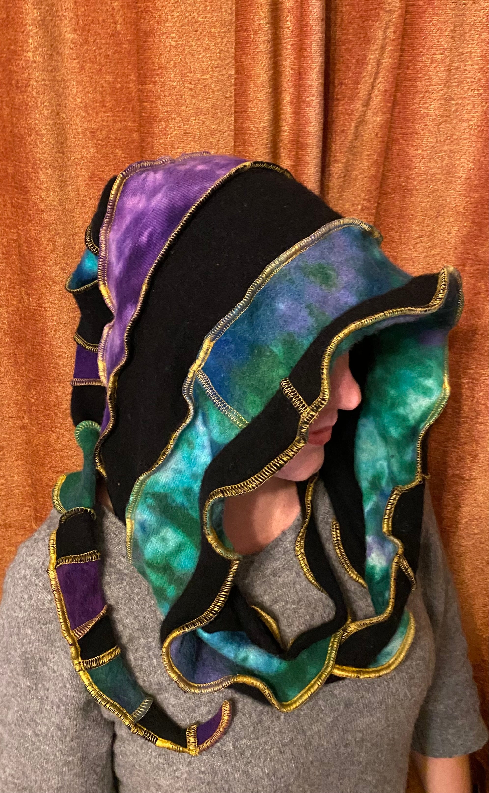 Baller tiedye cashmere hood purples and greens and black with gold thread accents