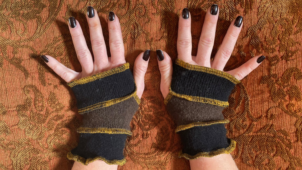 Shorter black and brown w/ gold thread cashmere armwarmers