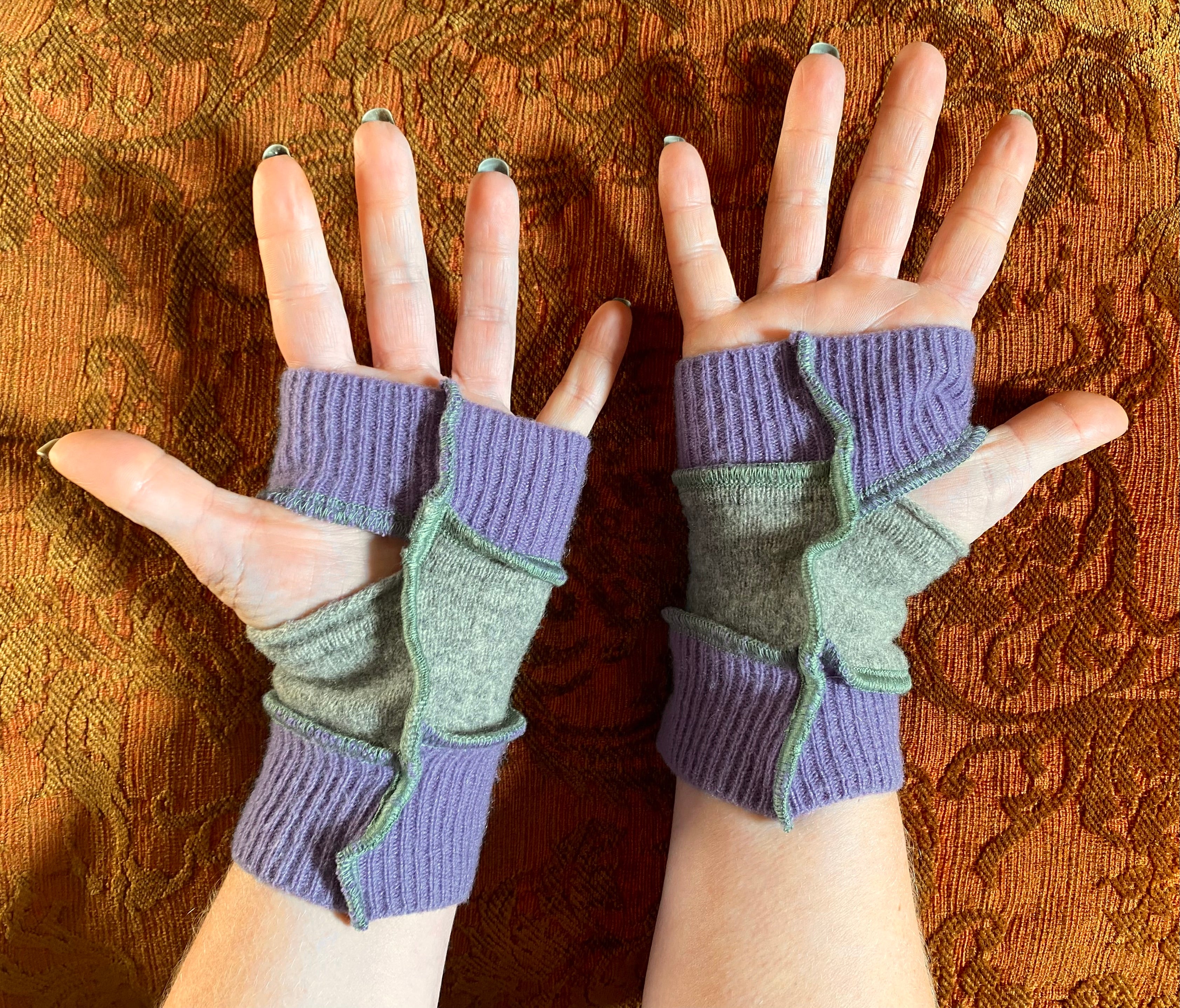 Lavender purple and grey cashmere armwarmers with seafoam green thread accents