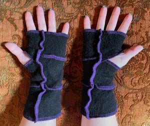 Purple thread on black cashmere armwarmers