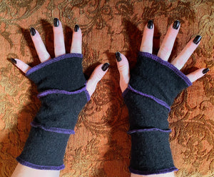 Purple thread on black cashmere armwarmers