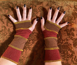 Earthy brown and rich reddish cashmere armwarmers with gold thread accents