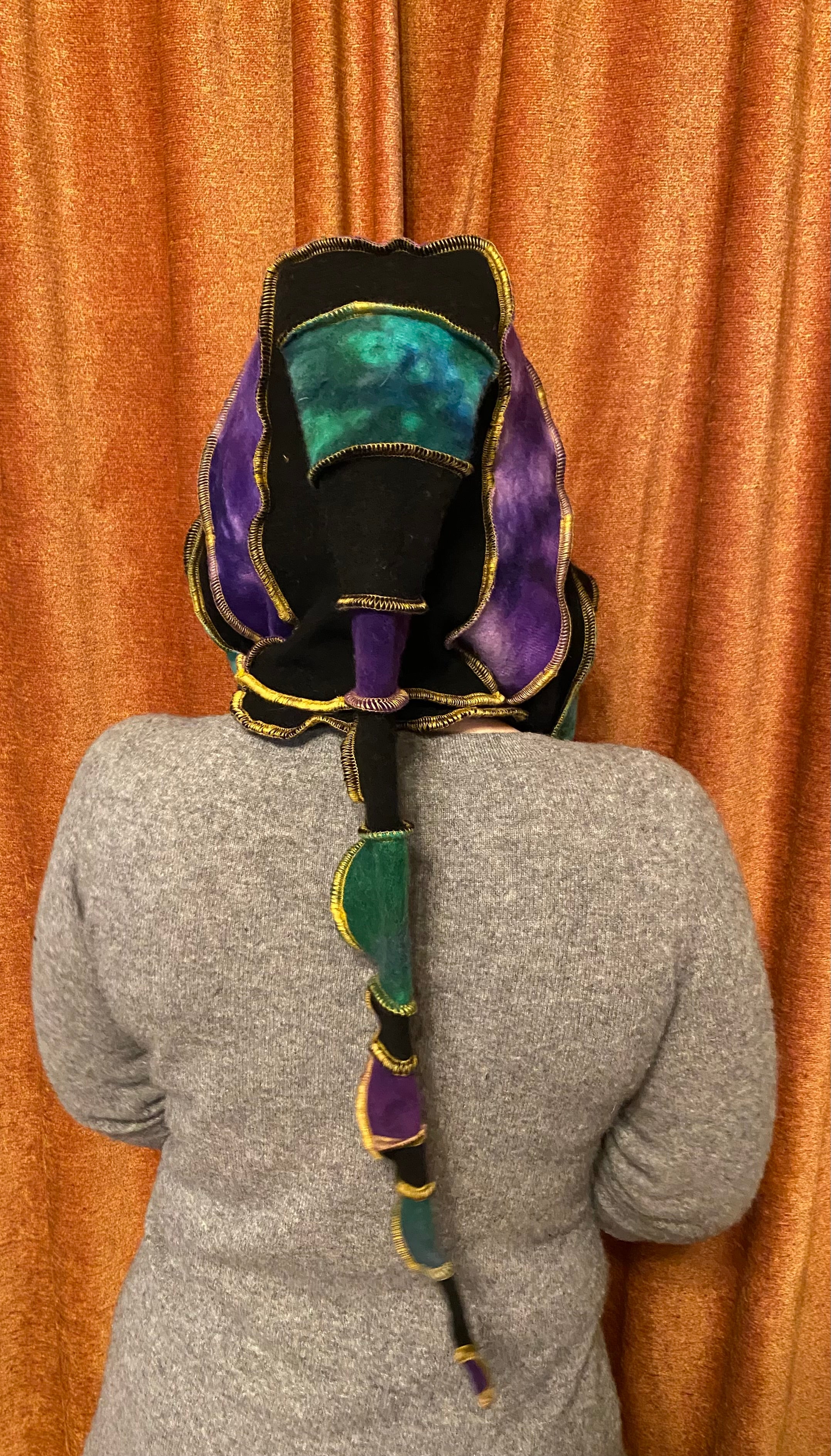 Baller tiedye cashmere hood purples and greens and black with gold thread accents