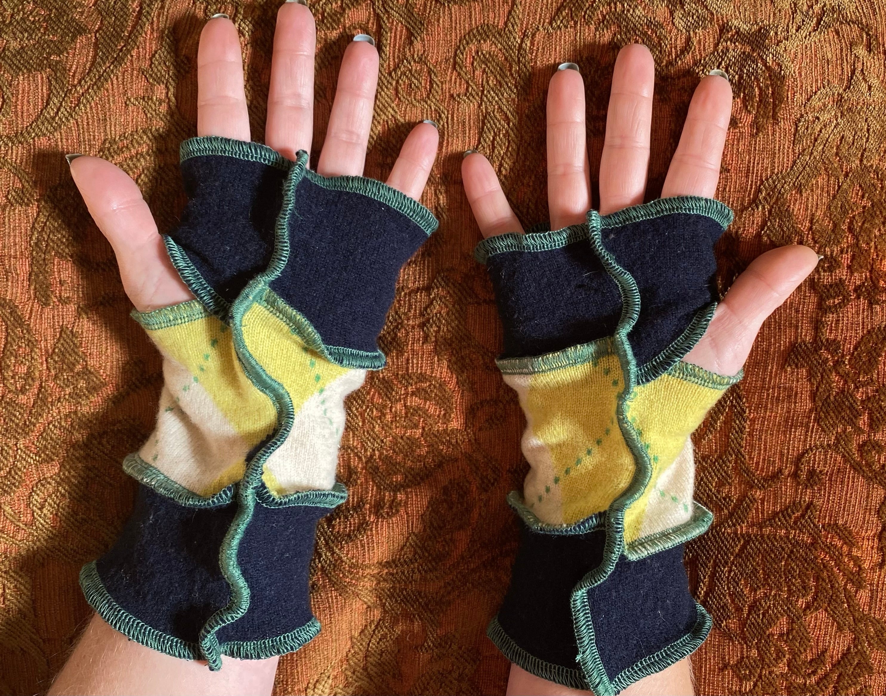 Yellow argyle and dark navy cashmere armwarmers with green thread accents (XL)