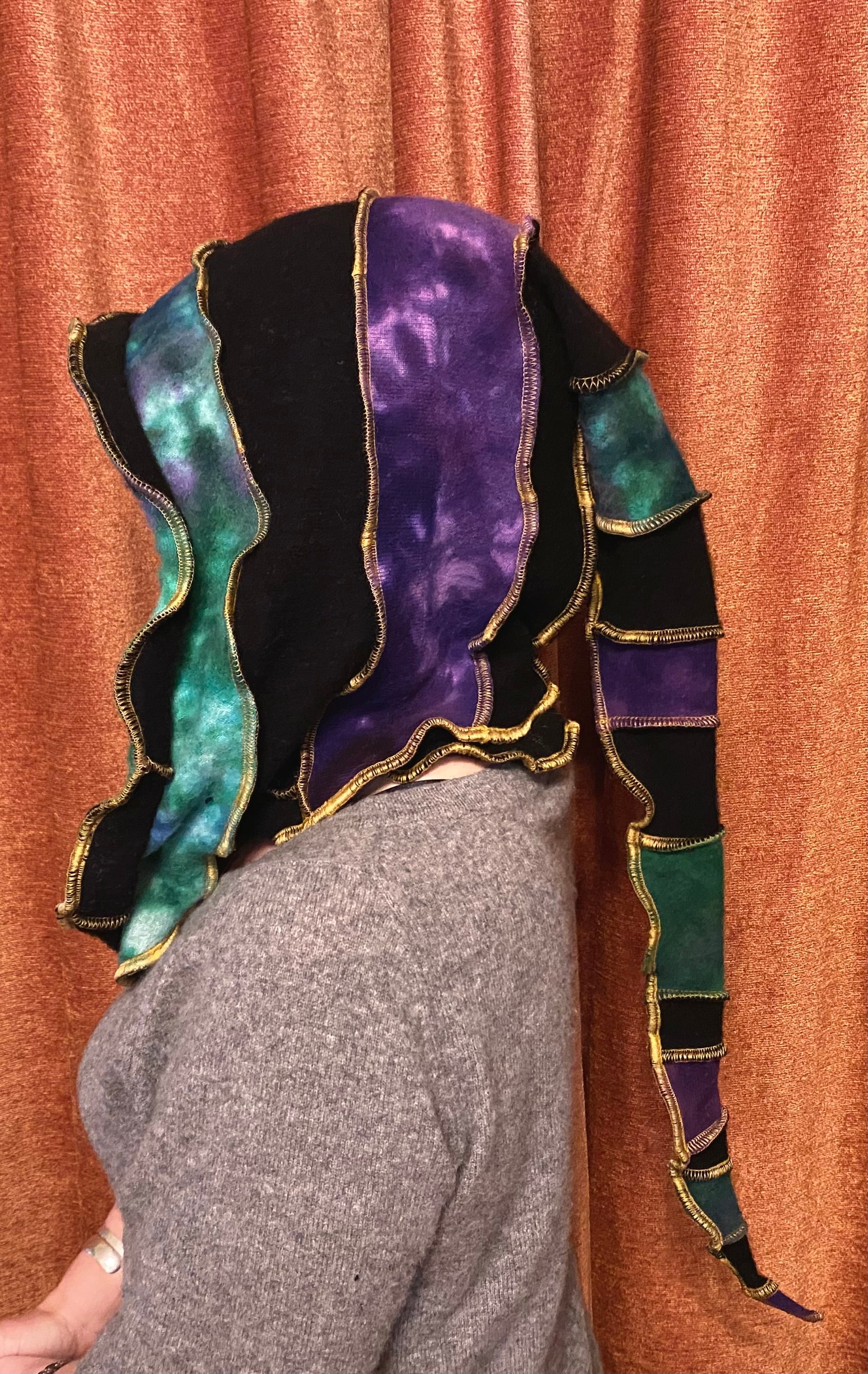 Baller tiedye cashmere hood purples and greens and black with gold thread accents