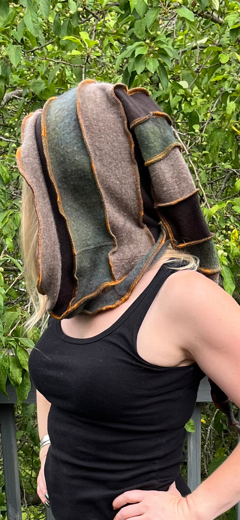 Earthy cashmere hood w copper thread accents