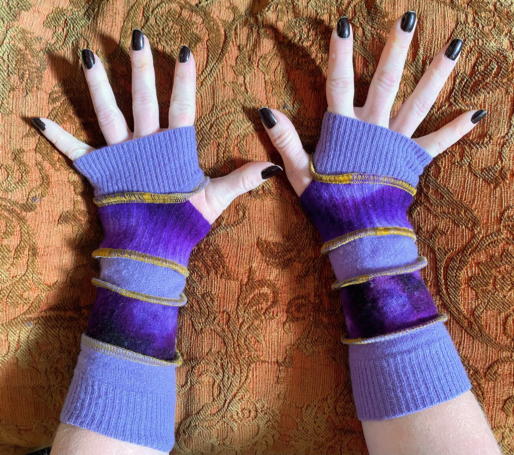 Lavender and purple tie-dye, cashmere arm warmers with gold thread accents