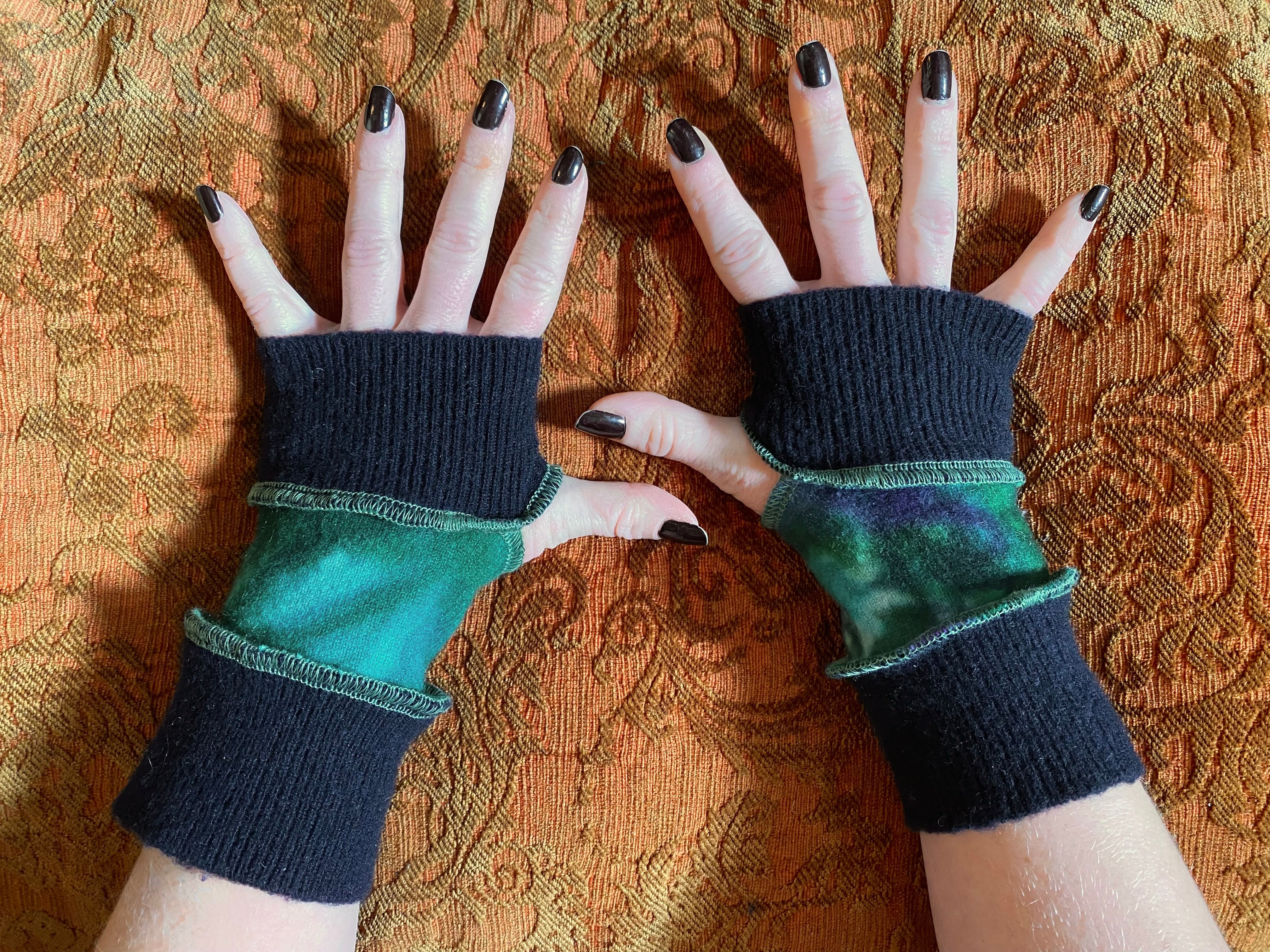 Black and marbled greens cashmere arm warmers