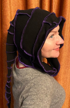 Black cashmere hood with purple thread accents