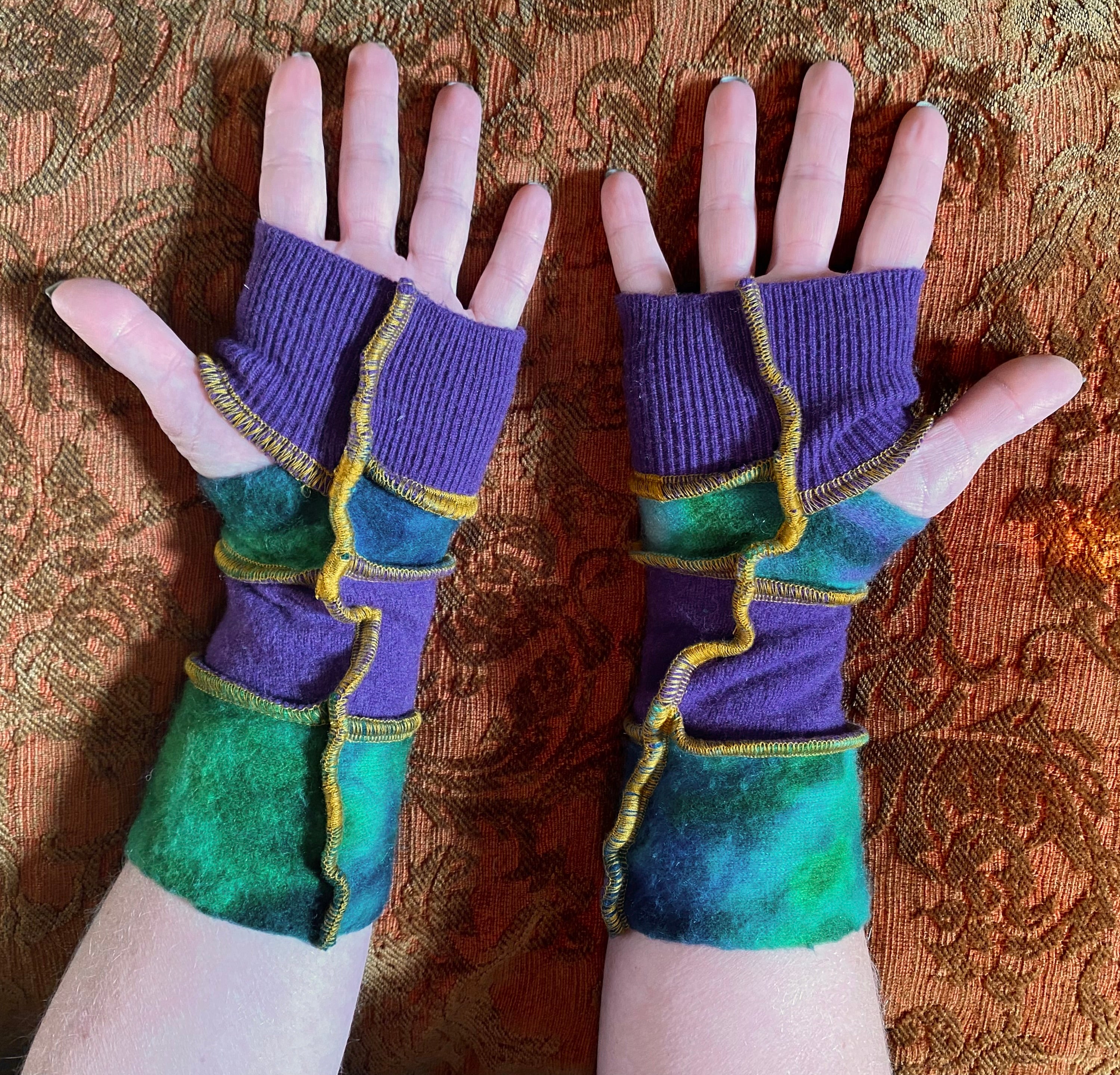 Purple with marbled blues and greens cashmere armwarmers with gold thread accents (smaller)