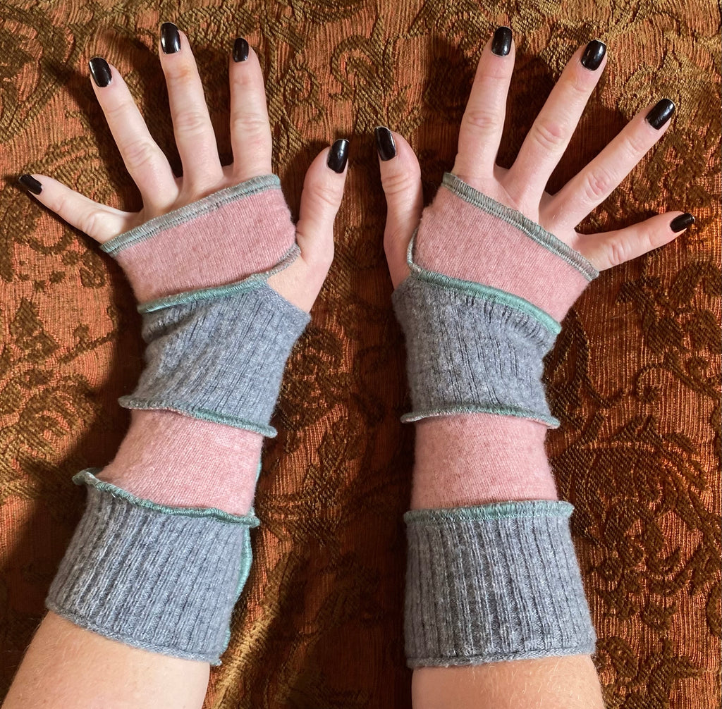 warm-pastel aka dusty-rose-pink and grey cashmere armwarmers with green thread accents