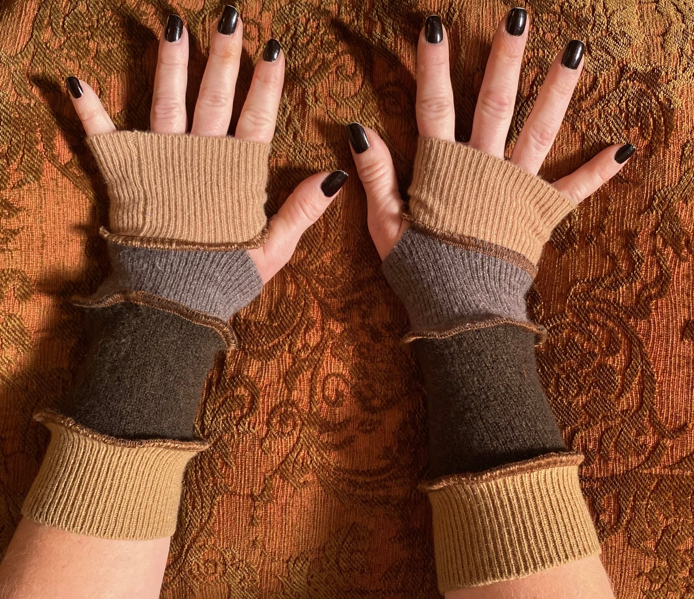 Earthtone Brown’s and tan cashmere arm warmers