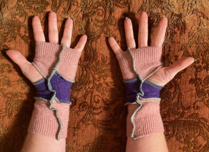 Dusty-Rose-pink and purple, cashmere arm warmers with seafoam green thread