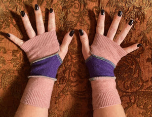 Dusty-Rose-pink and purple, cashmere arm warmers with seafoam green thread