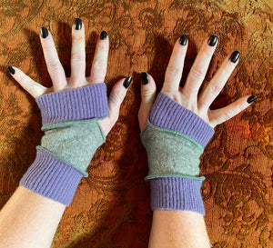 Lavender purple and grey cashmere armwarmers with seafoam green thread accents