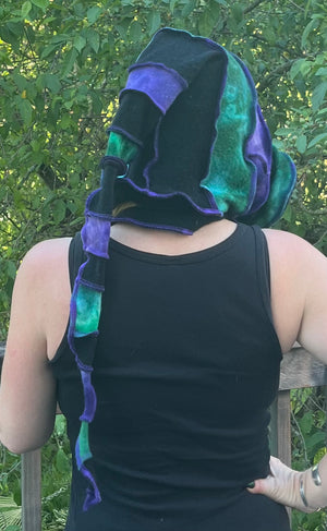 Purple and green tie-dye hood with purple thread accents