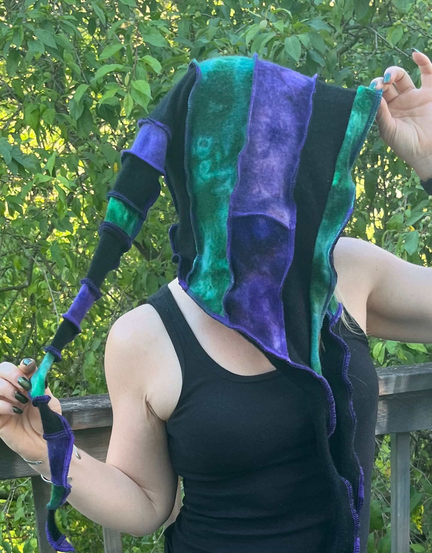 Purple and green tie-dye hood with purple thread accents