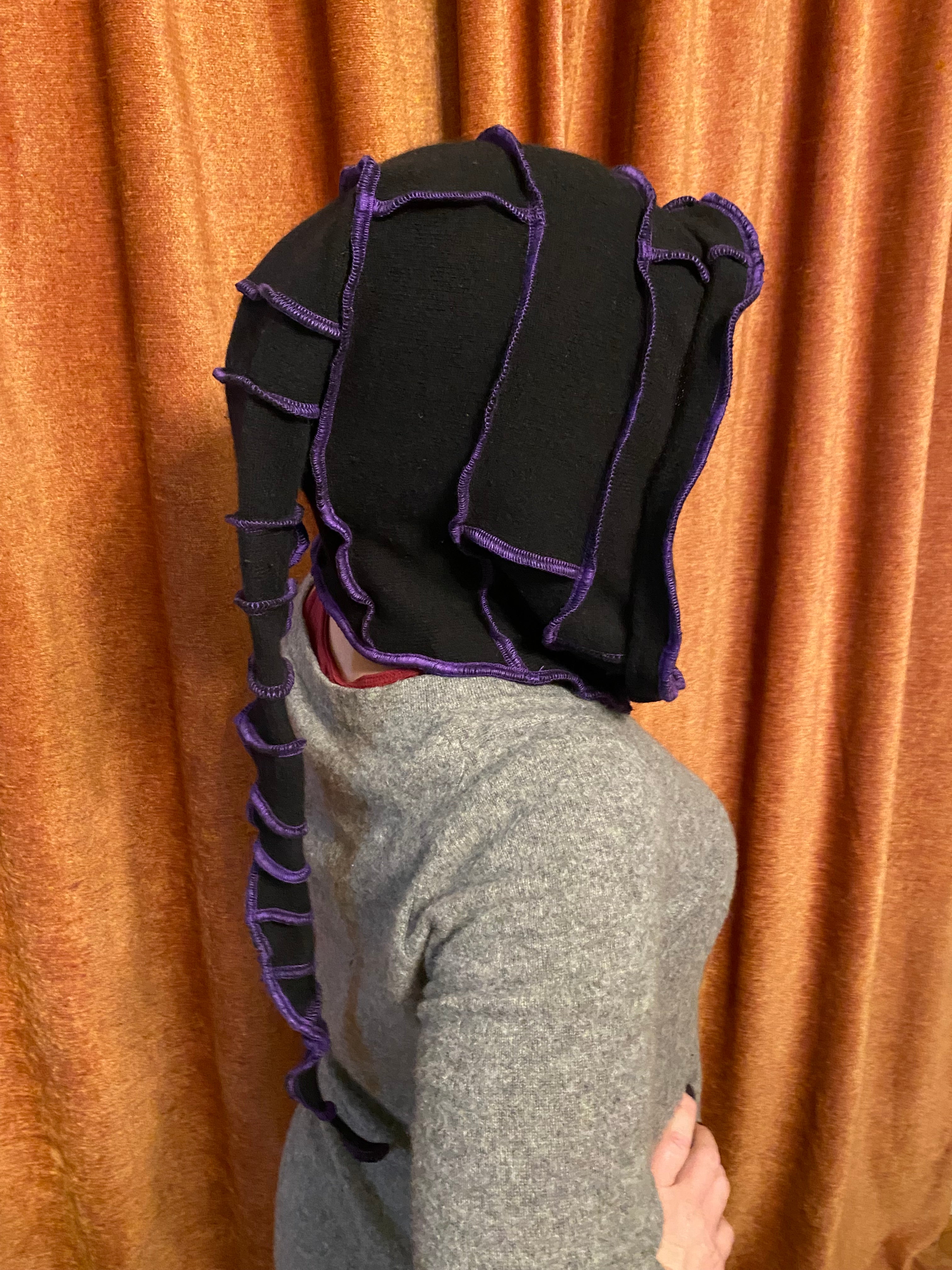 Black cashmere hood with purple thread accents