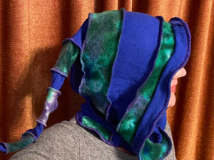 Blue cashmere hood with Green tie-dye and purple thread accents