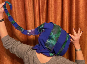 Blue cashmere hood with Green tie-dye and purple thread accents