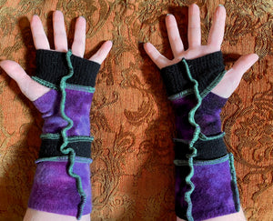 Purple and black cashmere armwarmers w green thread accents