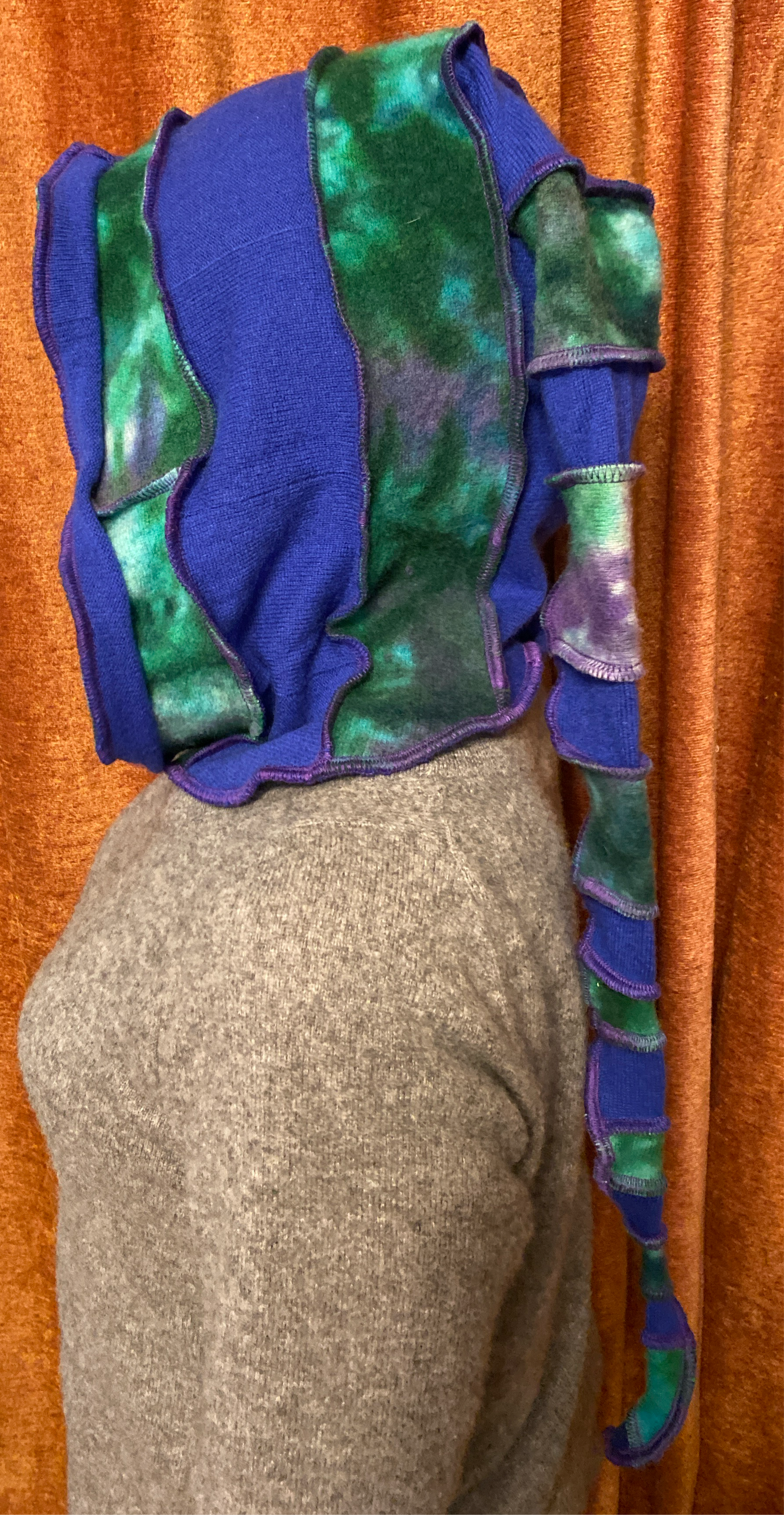 Blue cashmere hood with Green tie-dye and purple thread accents