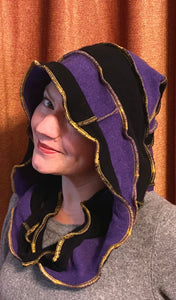 Purple and black cashmere hood with gold thread