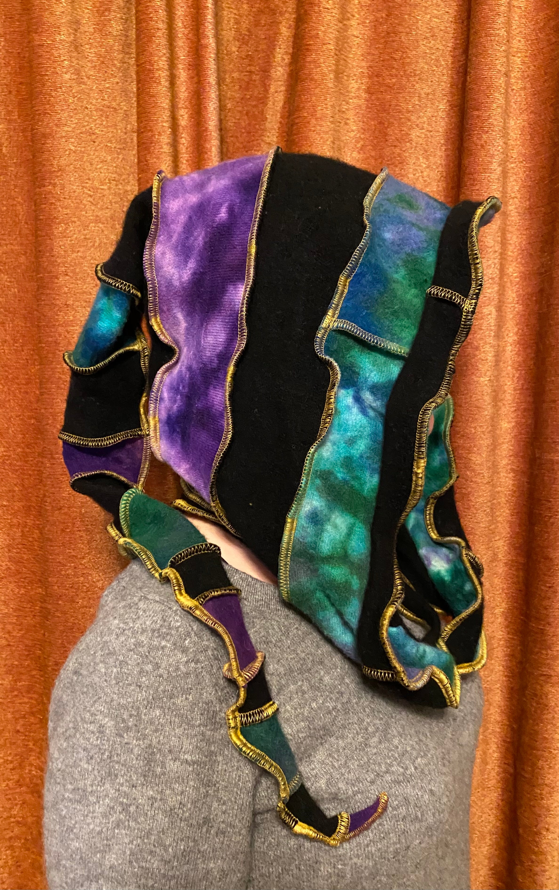 Baller tiedye cashmere hood purples and greens and black with gold thread accents