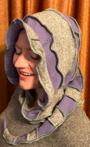 Grey and lavender cashmere hood with seafoam green thread accents